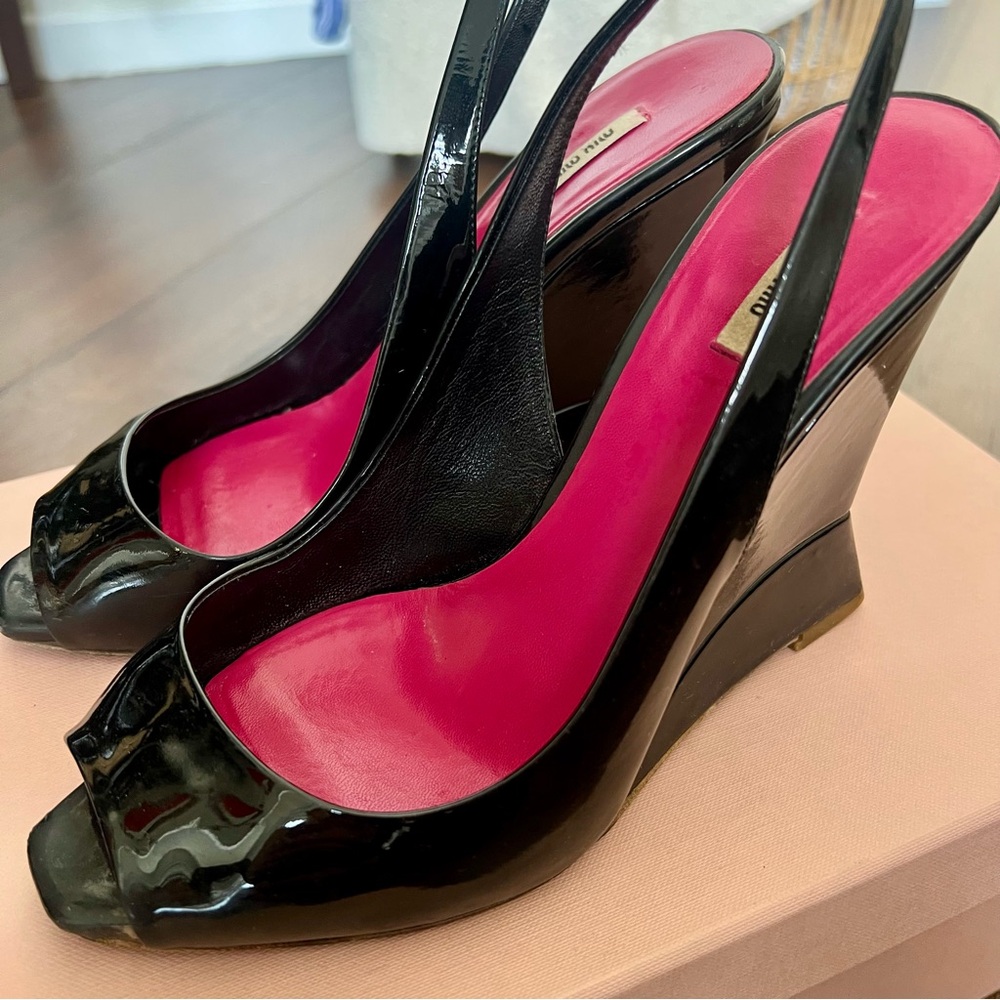 Authentic Miu Miu Black Peep-Toe Wedge Heels with sling back, size 37